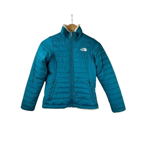 The North Face Reversible Girls Medium Teal Jacket Puffer Fuzzy Fleece Full Zip - Picture 8 of 16